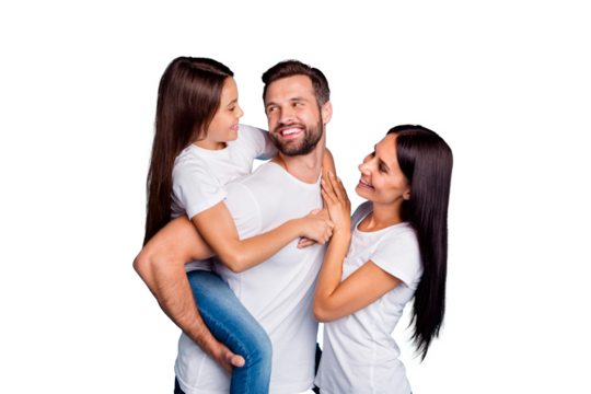 Cute family spending sunny weekend playing outdoor games wear casual outfit isolated blue background - Powered by Adobe