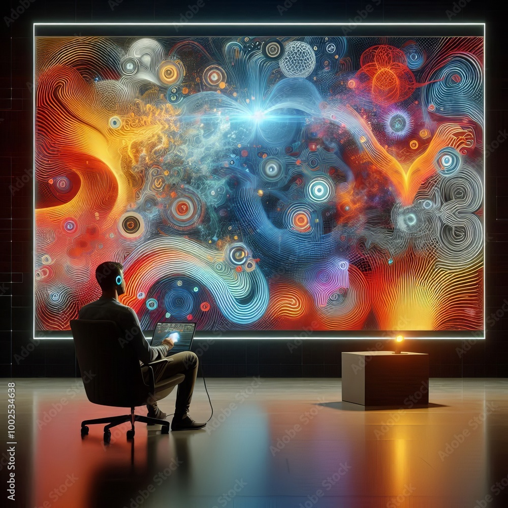Poster a digital artist immersed in creating a vibrant abstract art piece on a large screen. the vivid colo