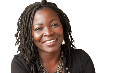 Happy middle-aged african american woman smiling on transparent background PNG.
