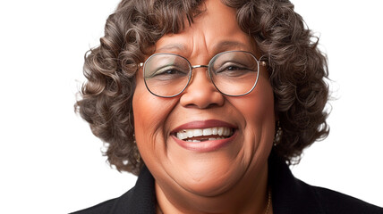 Obraz premium Happy middle-aged african american woman smiling and laughing isolated on transparent background PNG.