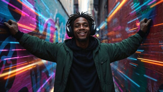 Young handsome african american man wearing headphones listening to music or podcast, smiling on colorful graffiti background street with  lights. Banner, header. Generative AI.