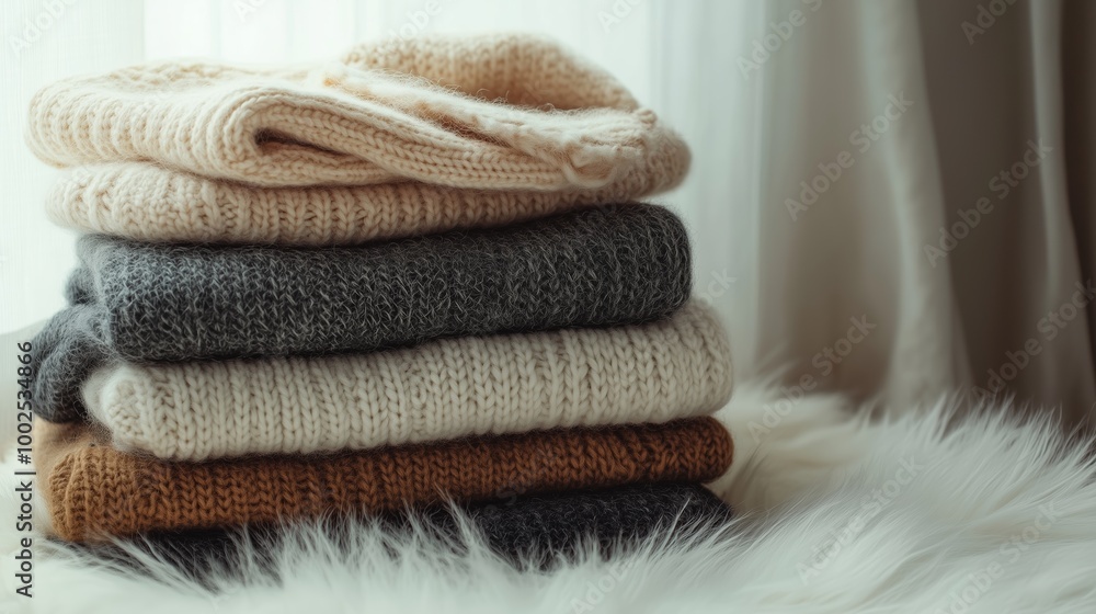 Aufkleber a cozy stack of folded sweaters resting on soft faux fur against a window, creating a warm atmospher