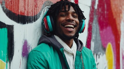 Young handsome african american man wearing headphones listening to music or podcast, smiling on colorful graffiti background street with  lights. Banner, header. Generative AI.