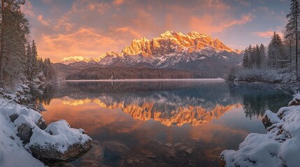 sunrise over a lake with zugspitze mountain view, offering tranquil waters, reflections, and the beauty of nature in a peaceful, picturesque alpine setting