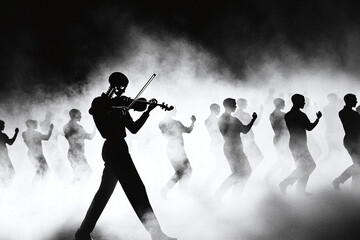 a haunting skeletal figure playing a violin, leading a procession of ghostly dancers through a misty graveyard