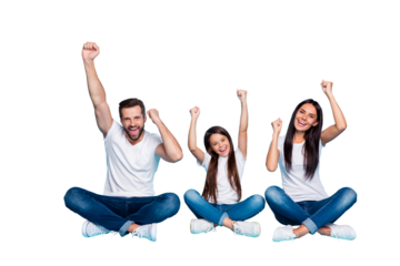 Full length body size photo of charming beautiful funny funky family rejoicing with their victory over someone wearing white t-shirts jeans denim while isolated with blue background