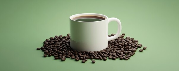 White coffee mug surrounded by coffee beans