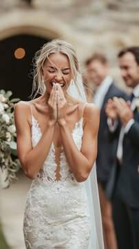 A bride crying happy tears as she walks down the aisle, overwhelmed by emotion