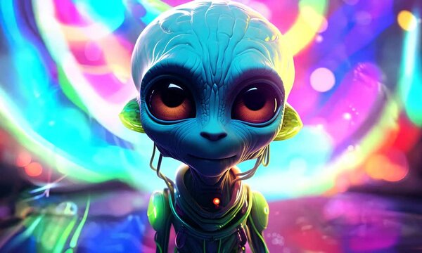 cute alien glowing in neon colors animation