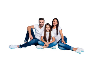 Full length body size photo of charming nice family wearing jeans t-shirts white loving each other...
