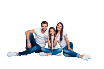 Full length body size photo of family sitting on floor giving you toothy smiles while isolated with blue background