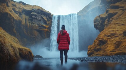 woman enjoying the scenic beauty of a waterfall, symbolizing adventure, relaxation, and outdoor freedom, capturing the essence of nature’s tranquility and inspiring views