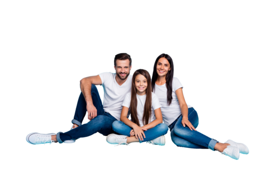 Full length body size photo of charming nice family wearing jeans t-shirts white loving each other while isolated with blue background