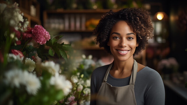 A woman with curly hair stands in front of a flower shop, smiling