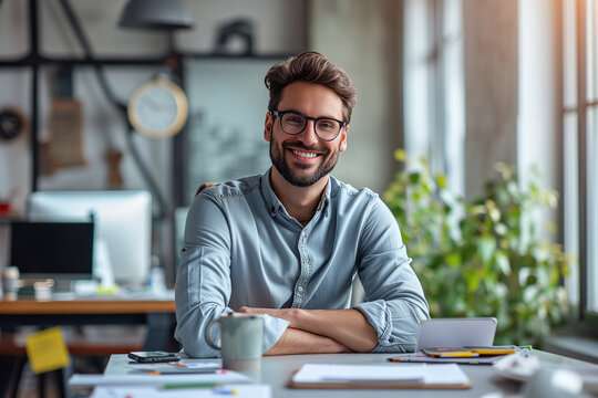 A man is sitting at a desk with a cup in front of him