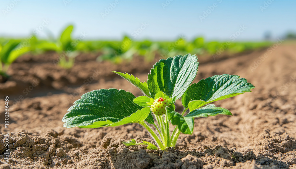 Wall mural green strawberry plant in soil