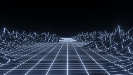 Naklejka premium Retro fantastic background of the 80s. Mountain wireframe landscape with night sky. Futuristic neon scenery. 3d rendering.