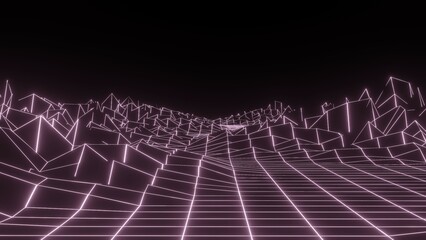 Retro fantastic background of the 80s. Mountain wireframe landscape with night sky. Futuristic neon scenery. 3d rendering.