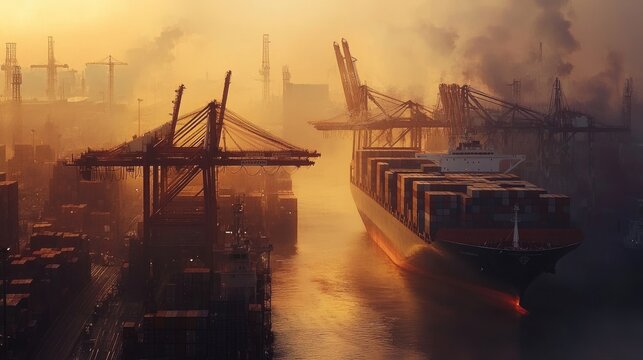 A bustling port with cranes lifting shipping containers onto a large freight ship, capturing the scale and intensity of global transport.