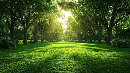 Naklejka premium Lush green park with sunlight filtering through trees, creating a serene and tranquil atmosphere.