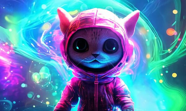 cute alien cat in futuristic neon world animation