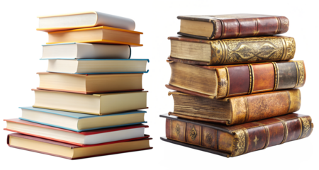 Stack of old and new books isolated on a transparent background