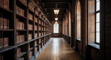 Fototapeta premium Dimly lit library corridor with old wooden shelves giving a vintage academic atmosphere with open space for text