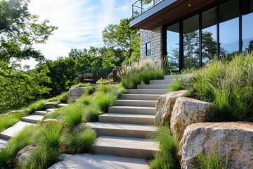 Fototapeta premium Modern stone steps lead to a stylish home, surrounded by lush greenery and natural landscaping.
