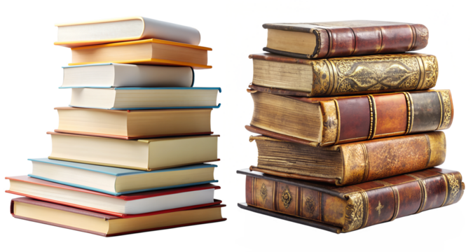 Stack of old and new books isolated on a transparent background