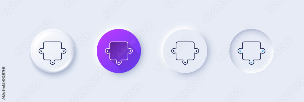 Poster puzzle piece line icon. neumorphic, purple gradient, 3d pin buttons. jigsaw game shape sign. busines