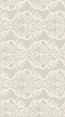 A decorative pattern featuring intricate floral and wave designs in soft beige and cream tones.