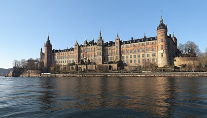 Obraz premium Majestic Castle by the Water, Historical Architecture Reflected in Serene Lake on a Sunny Day
