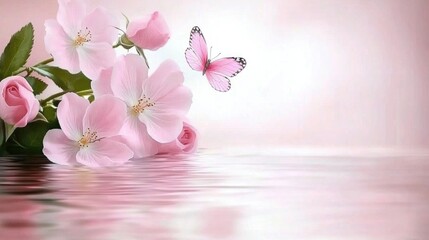 A magical pink waterfall cascades beside blooming roses, adorned with delicate butterflies in a dreamy landscape at sunset