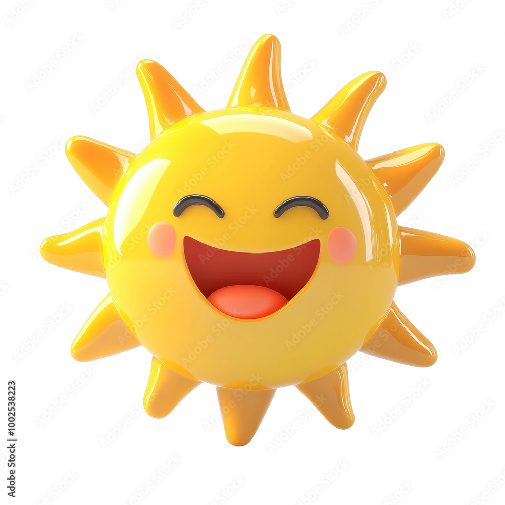 Poster a cheerful and smiling cartoon sun with vibrant yellow rays, perfect for adding warmth and positivit