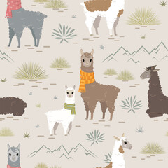 Friendly fluffy alpacas in natural environment. Seamless vector pattern  