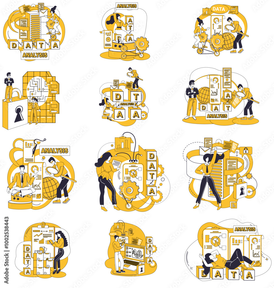 Poster big data vector illustration. data mining, digital prospector, extracts valuable nuggets from mines 