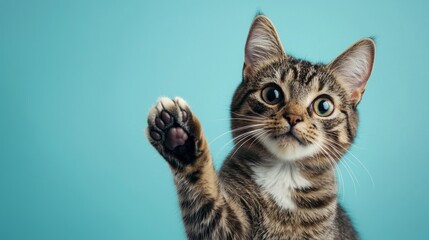 Fototapeta premium Curious tabby cat with sparkling eyes, raising its paw against a light blue background, in sharp, vivid detail.