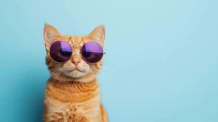 Stylish orange cat in round, gold-framed sunglasses, exuding confidence against a soft blue backdrop.