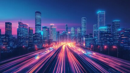 Fototapeta premium evening scene of a city highway with modern skyscrapers and light traffic, capturing the beauty of urban architecture, glowing city lights, and the peaceful energy of a bustling city