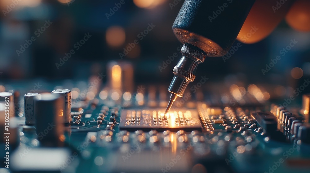 Poster a close-up of a soldering iron being used to fix a printed circuit board in a lab.