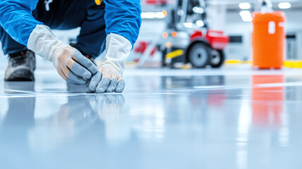 Obraz premium close-up of hands in protective gloves applying a sealant to a newly installed epoxy floor, with cleaning equipment visible in the background