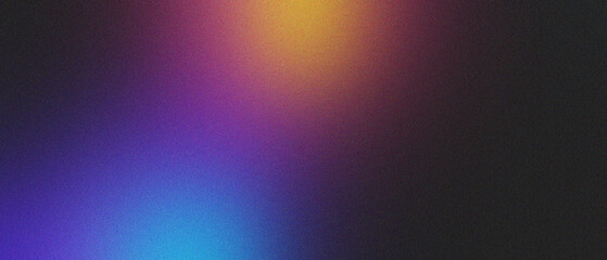 Blue pink yellow illuminated spots on black, grainy color gradient background, noise texture effect