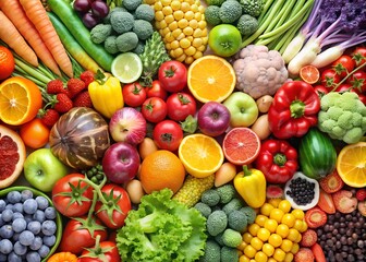 Collage of fresh color fruits and vegetables, healthy food concept