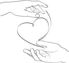 Hands with heart line drawing. Love symbol one line print minimalist drawing. Hands couple fashion minimalist illustration. Hand drawn.