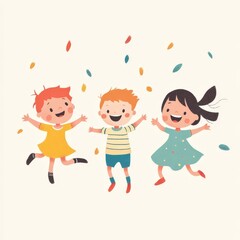 Three children are jumping in the air and having fun