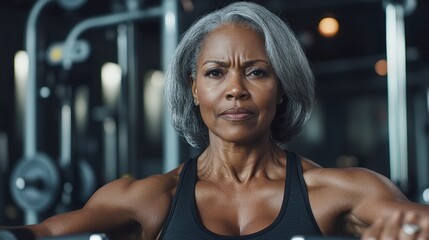 Fototapeta premium Focused middle-aged African-American woman exercising in a modern gym, using strength training equipment.