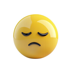 Fototapeta premium A glossy yellow emoji with a sad expression, featuring closed eyes and a frown, perfect for conveying feelings of disappointment., isolated on a transparent background.