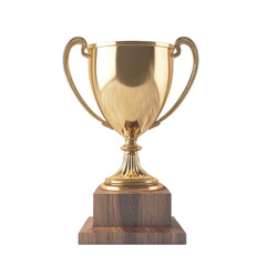 A golden trophy with ornate handles, symbolizing achievement and victory, resting on a wooden base., isolated on a transparent background.
