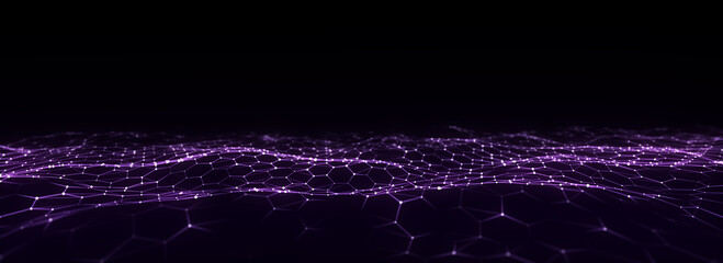 Futuristic hexagon wave. Dark cyberspace. Abstract wave with dots and line. Blue moving particles on background. 3d rendering.