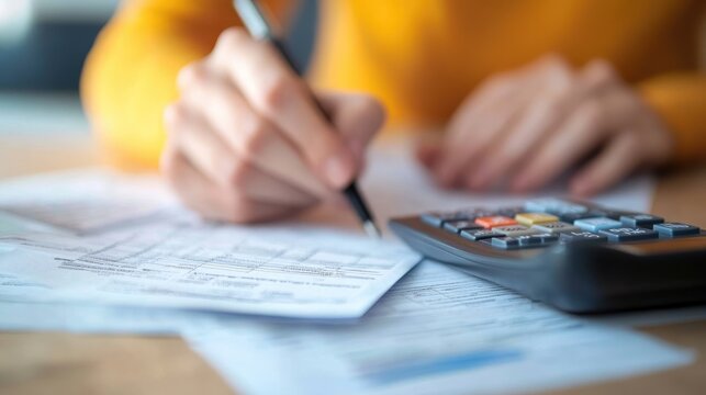 A close-up of tax documents and a calculator, with a person preparing their annual tax return.